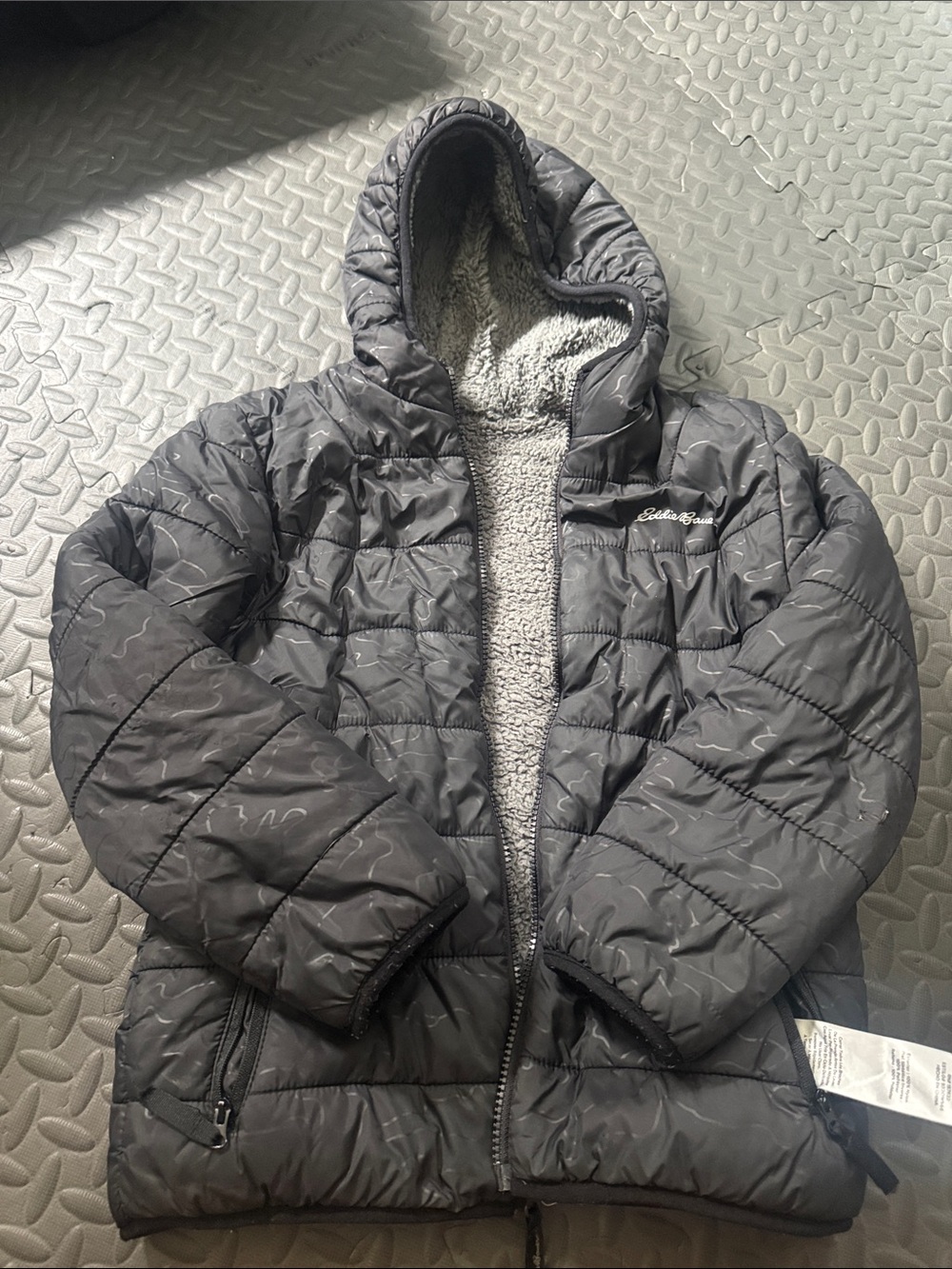 Eddie Bauer Girls' Gray Hooded Puffer Jacket with Sherpa Lining